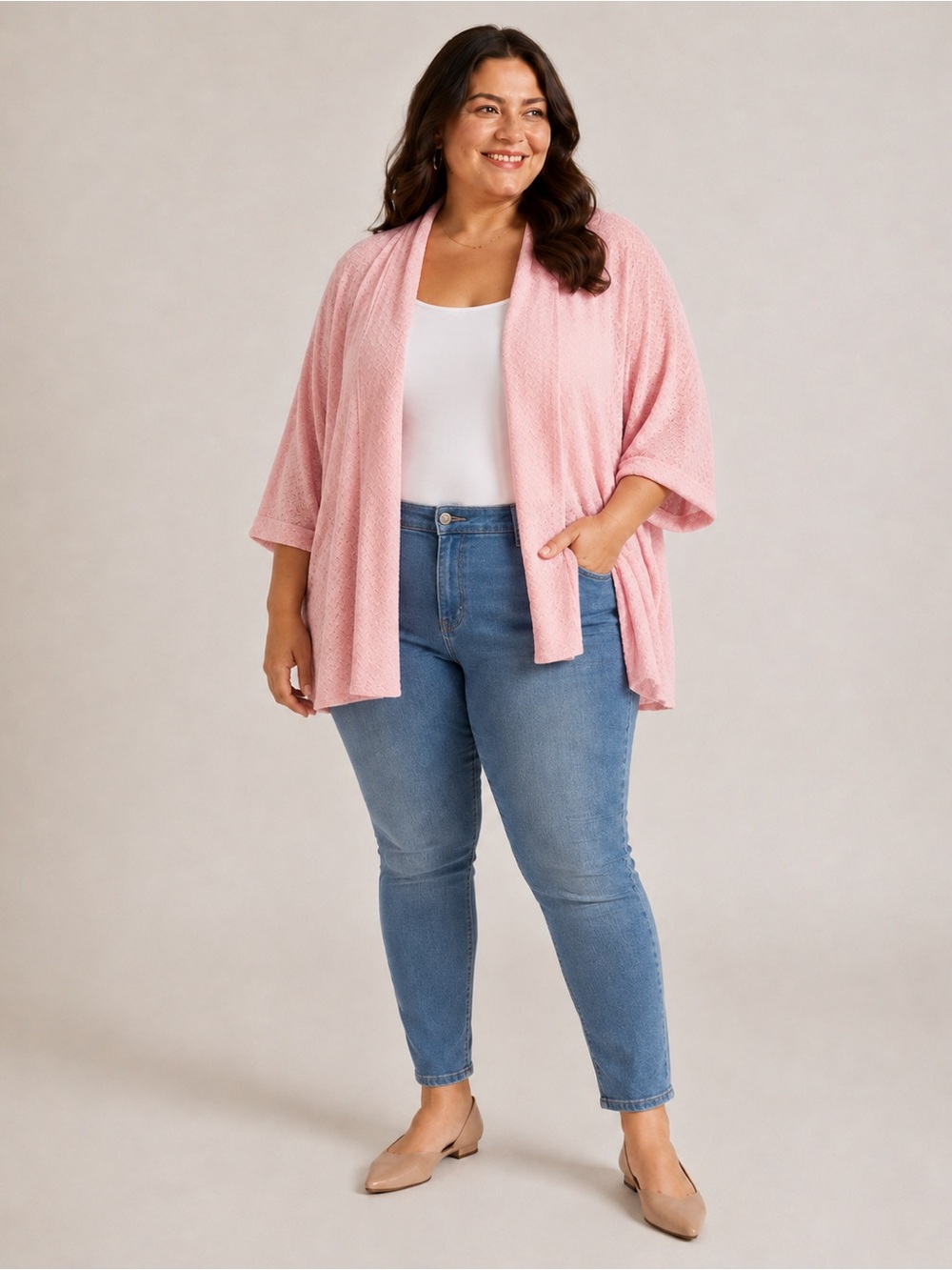 Coquette Pink Textured Open Front Cardigan Romantic Large